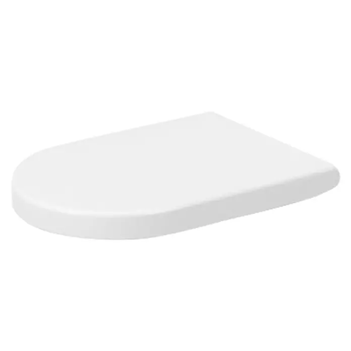 Duravit WC-Sitz Starck 2 - Duroplast, Weiß, Mit Absenkautomatik - Nahaufnahme eines weißen rechteckigen Toilettensitzes mit abgerundeter Vorderseite auf schwarzem Hintergrund, der ein modernes und minimalistisches Design aufweist.