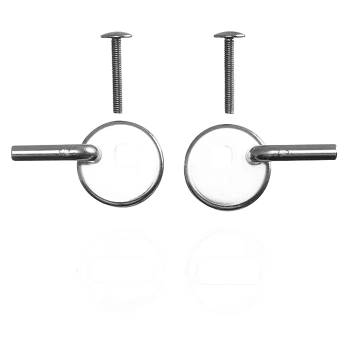 Duravit Happy D.2 Scharniere - Edelstahl, Chrom - Diese Abbildung zeigt ein Set aus zwei Toilettenverschlüssen, inklusive Schrauben und Abdeckungen, ideal für Badezimmerausstattung.