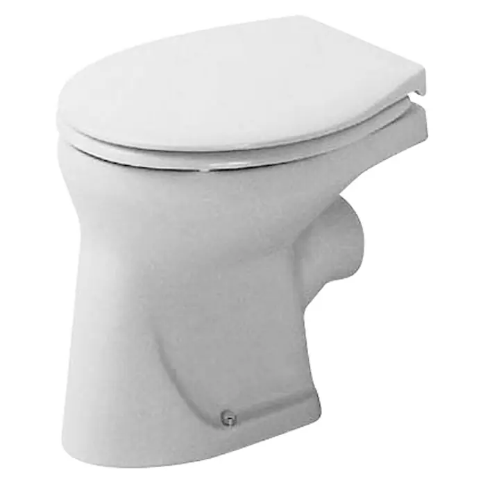 Duravit Duraplus Stand-WC Bambi - Mit Spülrand, Ohne Spezialglasur, Spülform: Flach, WC Abgang: Waagerecht, Weiß - Nahaufnahme einer weißen Toilette mit geschlossenem Deckel, die sich auf einem schwarzen Hintergrund befindet.