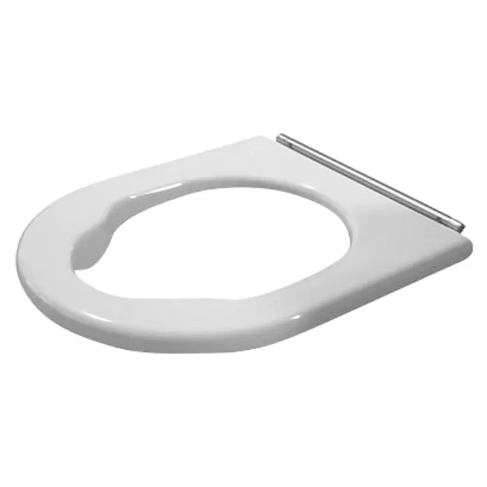 Duravit Starck 3 WC-Sitzring Vital - Duroplast, Weiß - Weißer Toilettensitz mit glänzender Oberfläche und einer silbernen Stange zur Befestigung. Der Sitz hat eine ovale Öffnung.