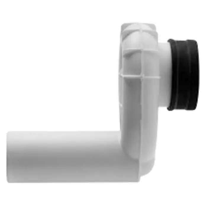 Duravit Urinal-Absaugsiphon - Abgang: Waagerecht, Passend für: Duravit Urinale - Das Bild zeigt ein weißes Abflussrohr mit schwarzer Gummidichtung, das einen 90-Grad-Winkel bildet. Das Rohr ist aus Kunststoff gefertigt.