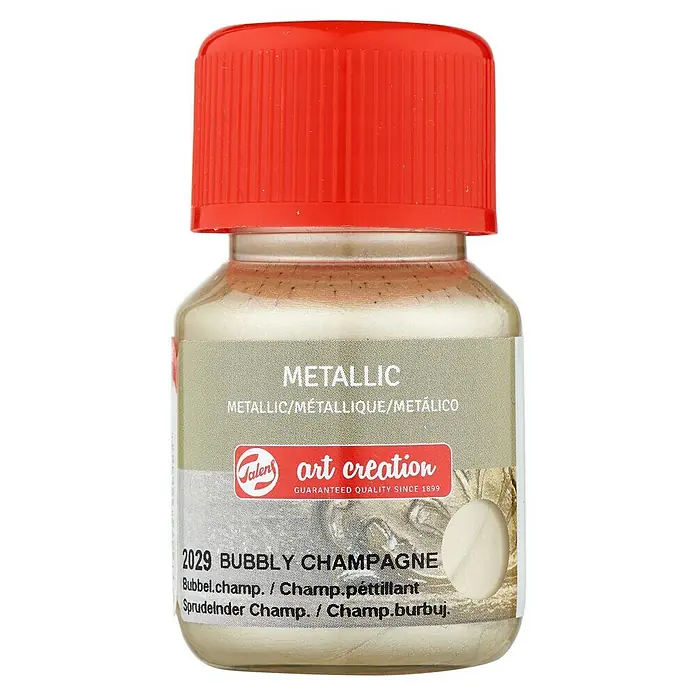 Talens Art Creation Pintura para efectos decorativos Metallic - 30 ml, Champange - Primer plano de una botella de pintura Art Creation "Metallic Bubbly Champagne" con tapa roja.