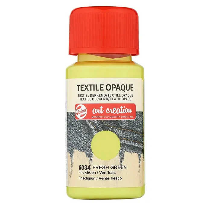Talens Art Creation Pintura textil Opaque - Verde fresh, 50 ml - Bote de pintura Textil Opaco de Art Creation en "6034 Fresh Green" con tapa roja, diseñado para pintura y estampación textil.