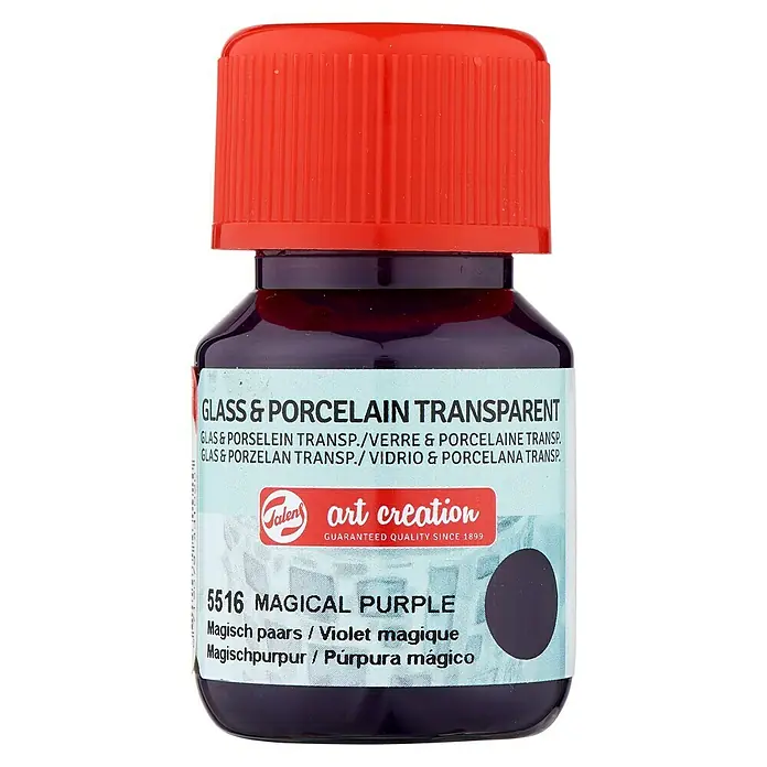 Talens Art Creation Pintura para efectos decorativos Vidrio & Porcelano - 30 ml, Púrpura mágico - Primer plano de una botella de pintura para vidrio y porcelana "Magical Purple" de Art Creation con tapa roja y etiquetado multilingüe.