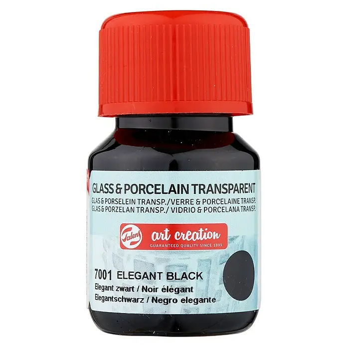 Talens Art Creation Pintura para efectos decorativos Vidrio & Porcelano - 30 ml, Negro elegante - Imagen de un frasco de pintura transparente para vidrio y porcelana de Art Creation en negro elegante.