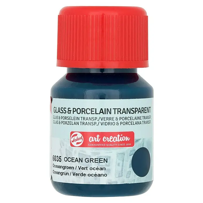 Talens Art Creation Pintura para efectos decorativos Vidrio & Porcelano - 30 ml, Verde océano - Un frasco de pintura para vidrio y porcelana "Ocean Green" de Talens Art Creation con tapa roja.