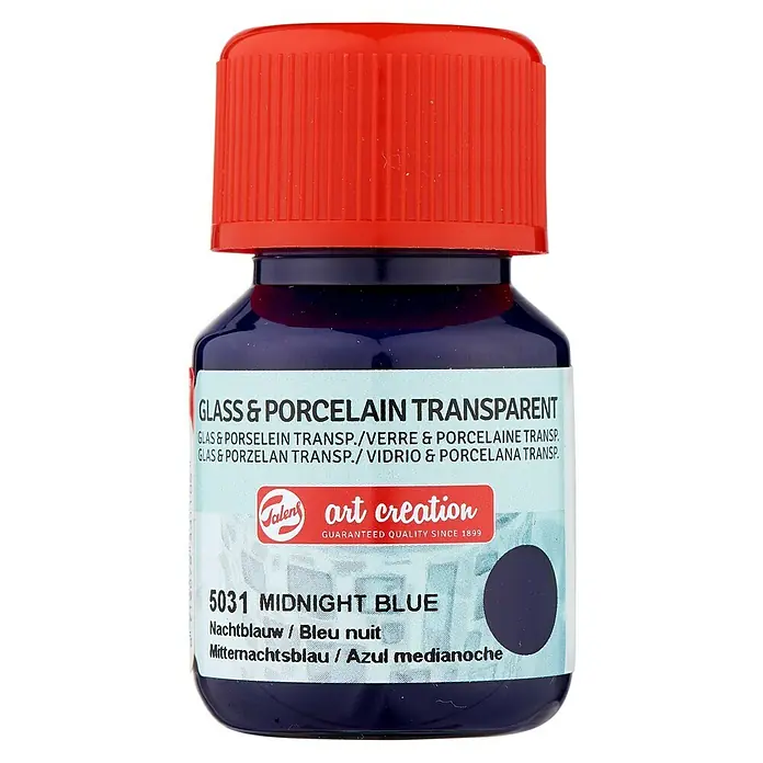 Talens Art Creation Pintura para efectos decorativos Vidrio & Porcelano - 30 ml, Azul medianoche - Imagen del producto de una botella de pintura transparente para vidrio y porcelana "Art Creation" en Midnight Blue (5031).