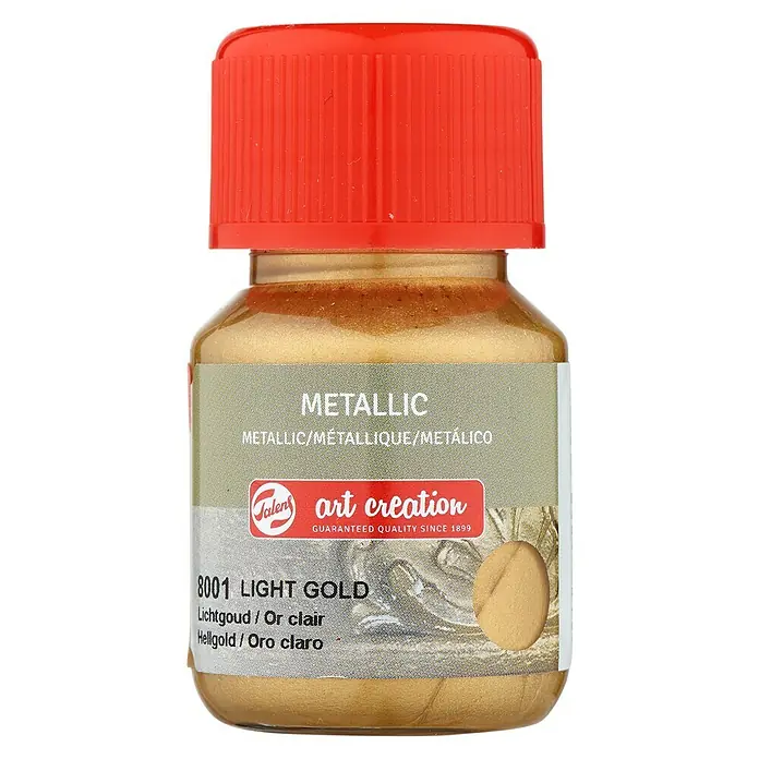 Talens Art Creation Pintura para efectos decorativos Metallic - 30 ml, Oro claro - Primer plano de un bote de pintura acrílica metálica Talens Art Creation, tono oro claro. Ideal para artistas y aficionados.