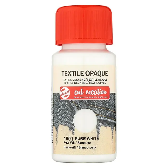 Talens Art Creation Pintura textil Opaque - Blanco puro, 50 ml - Un frasco de pintura textil "Textile Opaque 1001 Pure White" de la marca "Art Creation" con tapón rojo.
