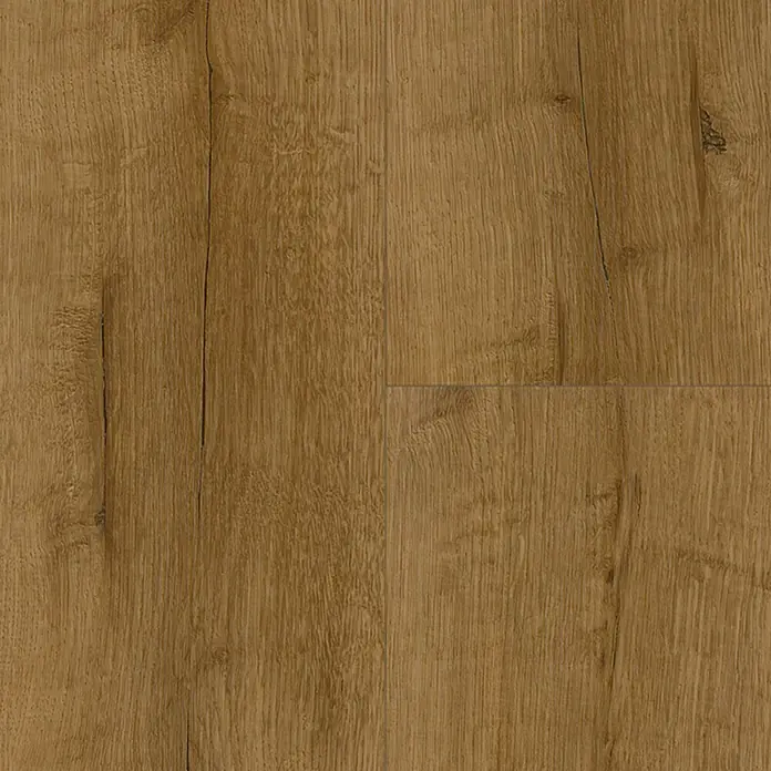 Fixed Vinylboden - Eiche Natur, Landhausdiele, 1.219 x 184 x 2,5 mm - Nahaufnahme von einem Holzboden. Er ist aus einzelnen Dielen gefertigt und weist eine natürliche Maserung in warmen Brauntönen auf.