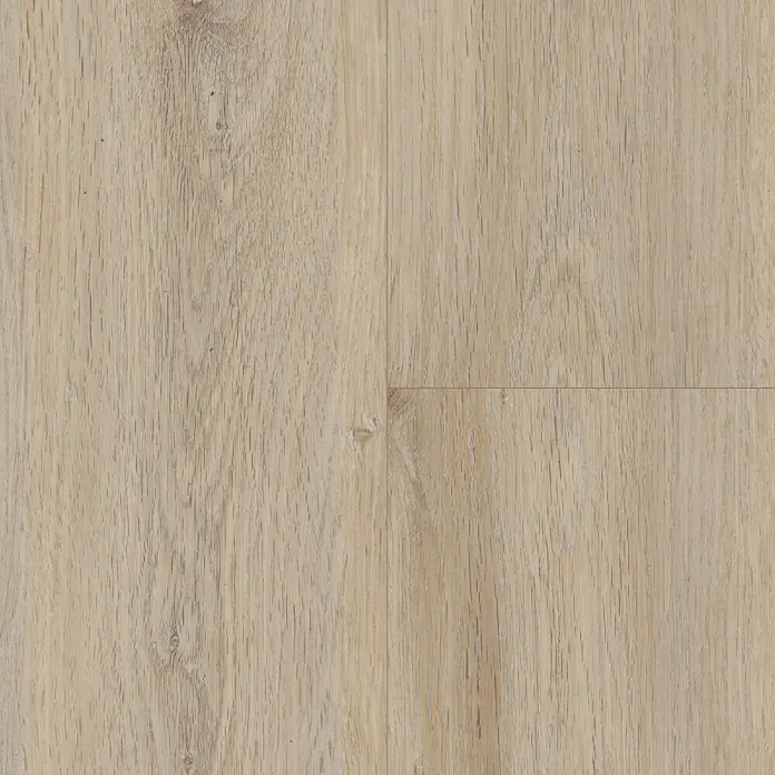 Fixed Vinylboden Eiche Cream1.219 x 184 x 2,5 mm, Landhausdiele, Eiche Cream - Nahaufnahme von hellem Holzlaminatboden mit Maserung und Paneelstruktur, ideal für modernes Wohndesign.