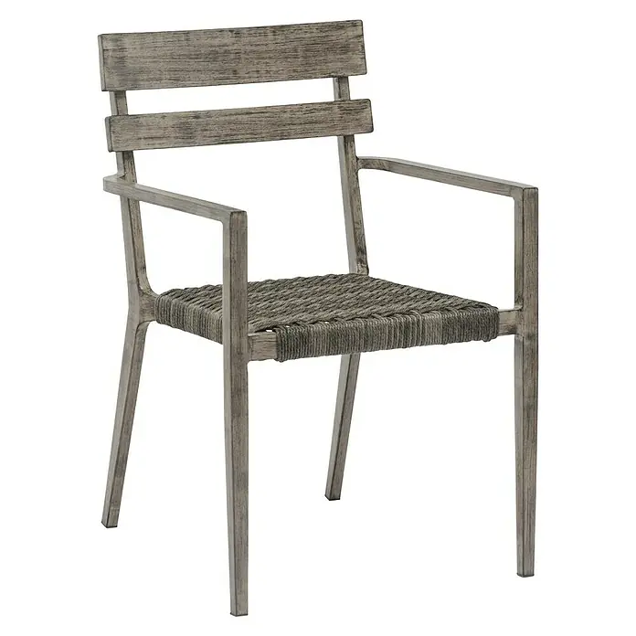 Silla de jardín Josefina - Bicolor gris, Apilable - Una silla de madera gris con asiento tejido y reposabrazos, ideal para uso exterior, que ofrece comodidad y estilo.