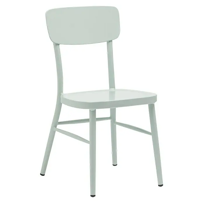 Silla de jardín Abigail - 47 x 52 x 83 cm, Verde claro, Aluminio, Apilable - Primer plano de una silla verde menta con respaldo y diseño sencillo, que combina funcionalidad y estética minimalista.
