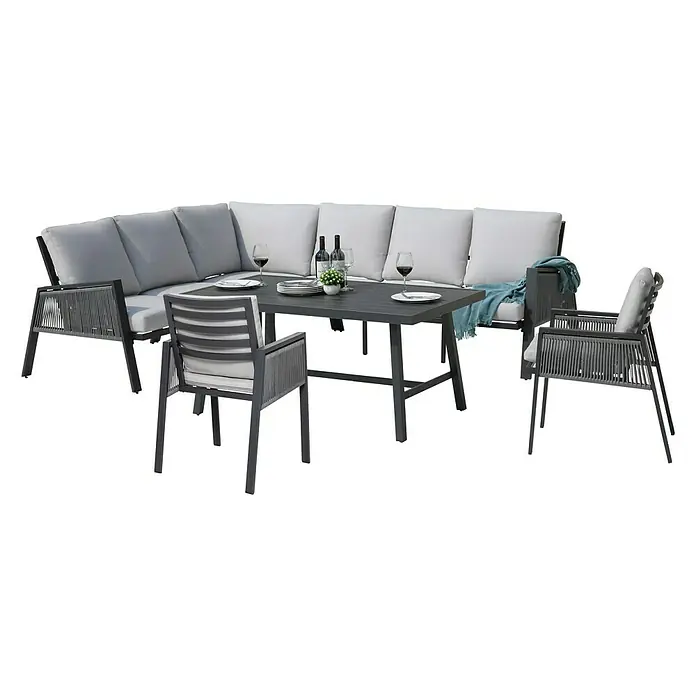 Sunfun Conjunto de muebles Moira - 4 pzs., Aluminio/Cuerda sintética, Antracita - Elegante conjunto de muebles de jardín gris con mesa y sillas, ideal para relajarse al aire libre y recibir invitados.