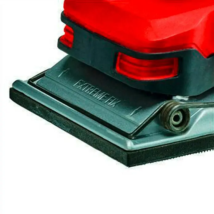 Einhell PXC 18V Lijadora orbital de batería TE-OS 18/230 Li-Solo - 18 V, Sin batería, 14.000 r.p.m. - 24.000 r.p.m. - Primer plano de una lijadora rectangular roja y negra de la marca Extreme Fix, con base metálica.