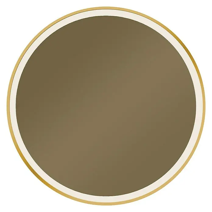 DSK Lichtspiegel Desire - Durchmesser: 55 cm, Bronze, Leuchtmittel - Runder Spiegel mit goldenem und weißem Rahmen vor schwarzem Hintergrund.