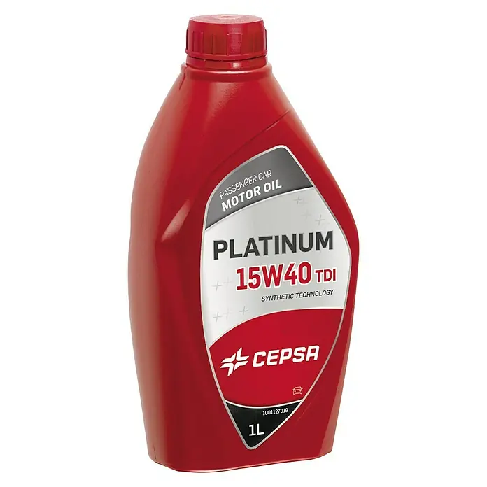 Cepsa Aceite para motor Platinum TDI - 15W-40, A3/B4 - Imagen de una botella roja de 1L de aceite de motor para coches CEPSA Platinum 15W40 TDI con tecnología sintética.