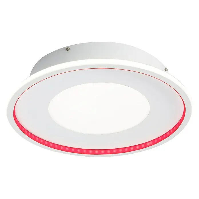 Lavida LED-Deckenleuchte rund Rovigo - Ø x H: 450 mm x 9,6 cm, Weiß, RGBW - Eine moderne, runde LED-Deckenleuchte mit weißem Gehäuse und rotem Akzentring für stilvolle Beleuchtung in jedem Raum.