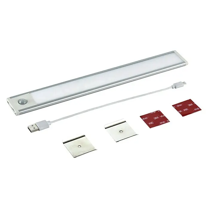 Tween Light LED-Unterbauleuchte Sotto - 1,5 W, Länge: 30 cm, Neutralweiß, Micro-USB-Anschluss - Produktabbildung einer LED-Leuchte mit USB-Kabel, Montageclips und 3M-Klebestreifen für eine einfache Installation.