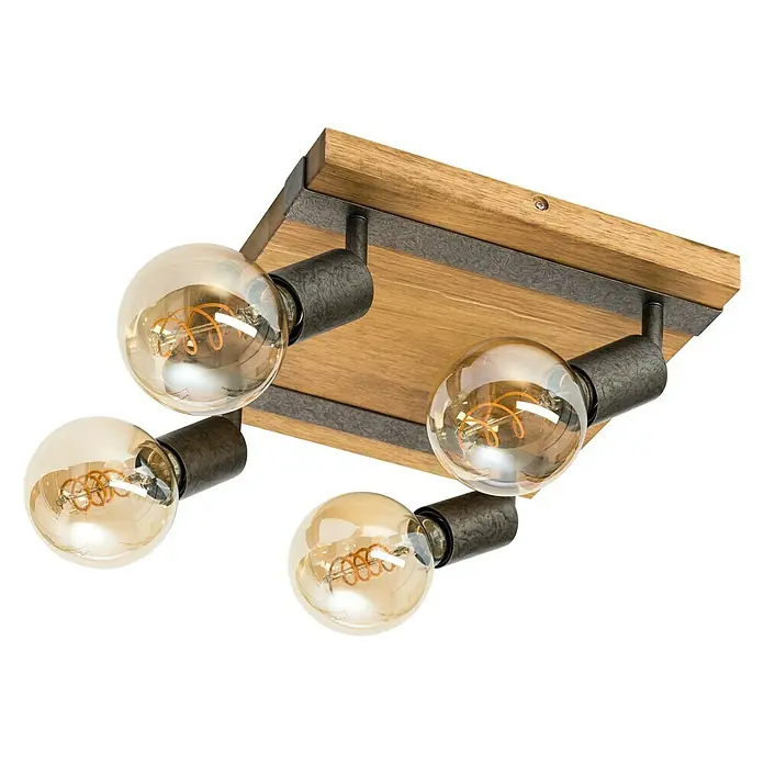 Tween Light Deckenstrahler Rom - 100 W, L x B x H: 28 x 28 x 9 cm, Braun/Schwarz - Moderne Deckenleuchte mit vier Edison-Glühbirnen und Holzsockel, die eine warme und einladende Atmosphäre schafft.