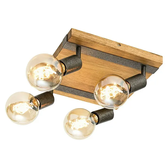 Tween Light Deckenstrahler Rom - 100 W, L x B x H: 28 x 28 x 9 cm, Braun/Schwarz - Deckenleuchte mit vier Glühbirnen, rustikales Design mit Holz und Metallelementen für eine gemütliche Atmosphäre im Raum.