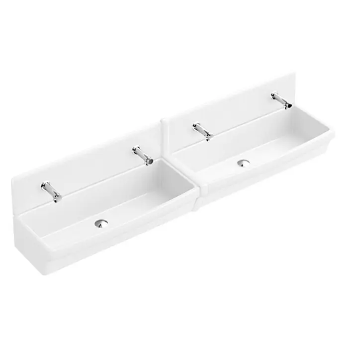 Villeroy & Boch O.novo Waschbecken-Leiste - Mit schmutzabweisender Glasur, Weiß, Zwischen zwei Becken - Doppelter Waschbeckenblock aus weißem Porzellan mit zwei Hähnen für Badezimmer oder öffentliche Toiletten. Praktisch und stilvoll.