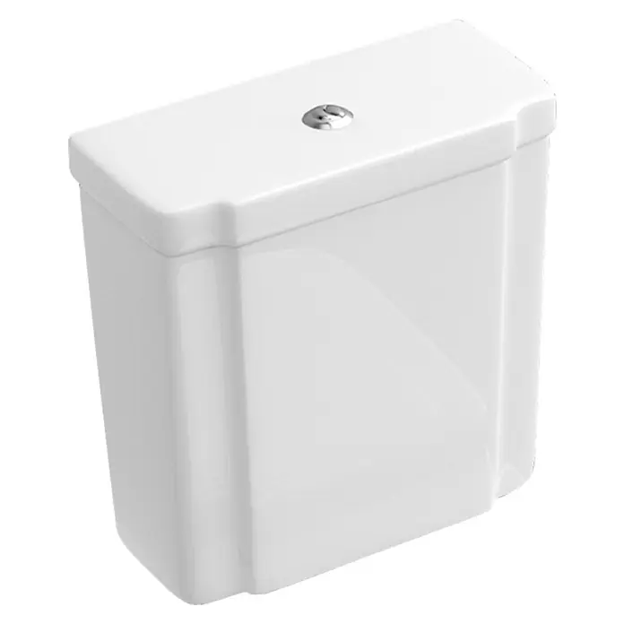 Villeroy & Boch Hommage Spülkasten - Mit schmutzabweisender Glasur, Keramik, 73,5 x 37 x 40 cm, Weiß - Nahaufnahme eines weißen Spülkastens mit Chromknopf, der moderne Badezimmerästhetik und Funktionalität vereint.