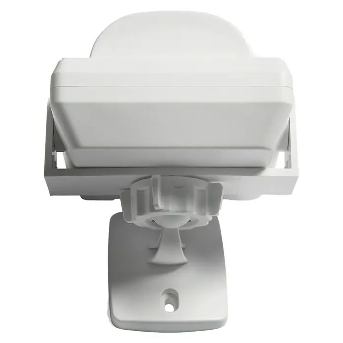 Intertechno Funk-Bewegungsmelder Outdoor PIR-6000 - Weiß, Erfassungswinkel: 110 ° - Nahaufnahme einer weißen Überwachungskamera mit flexibler Halterung, ideal für die Sicherheit im Innen- und Außenbereich.