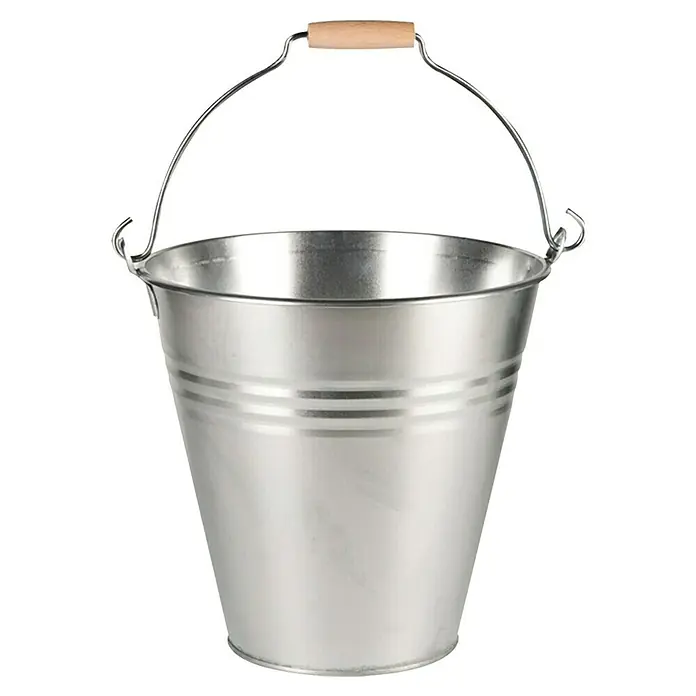Cubo metálico Farid - 7,2 l - Un cubo metálico plateado con mango de madera, ideal para el hogar y el jardín, que destaca por su construcción robusta y fácil manejo.