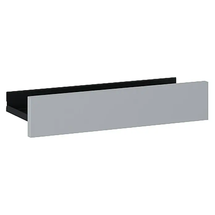 Riva Badregal Vulcano/Joy - L x B x H: 14,7 x 40 x 8 cm, Light Grey/Schwarz - Nahaufnahme einer schlanken grauen Schublade mit einem eleganten schwarzen Rahmen, die modernes Design und Funktionalität vereint.