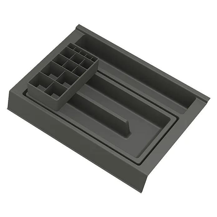 Riva Schubladeneinsatz Vulcano/Look/Beauty/Urban - L x B x H: 32,2 x 24,1 x 8,5 cm, Anthrazit - Ein grauer Schubladeneinsatz mit verschiedenen Fächern zur Aufbewahrung von Besteck und anderen Küchenutensilien für Ordnung in der Küche.