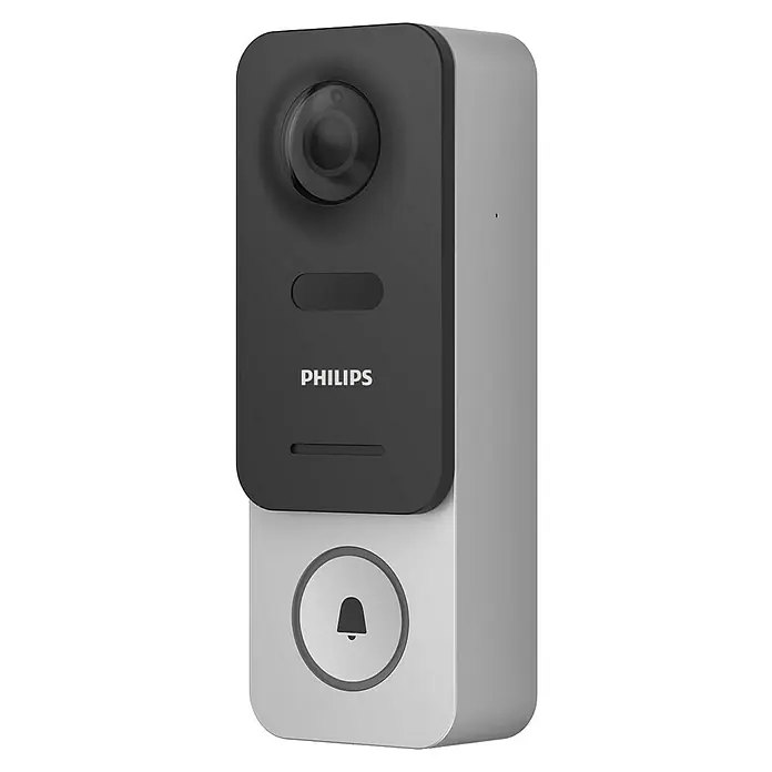 Philips WelcomeEye Farb-Video-Türsprechanlage Link - 1.920 x 1.080 Pixel (Full HD), Schwarz/Grau - Nahaufnahme einer Philips Smart Türklingel mit einer Kamera, einem Klingelknopf und dem Philips Logo.
