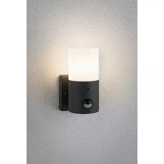 Paulmann Außenwandleuchte Tubs - 15 W, Grau matt, Bewegungsmelder, E27, IP44, Mit Bewegungsmelder - Dunkelgraue Außenwandleuchte mit weißem zylindrischem Diffusor und integriertem Bewegungssensor.