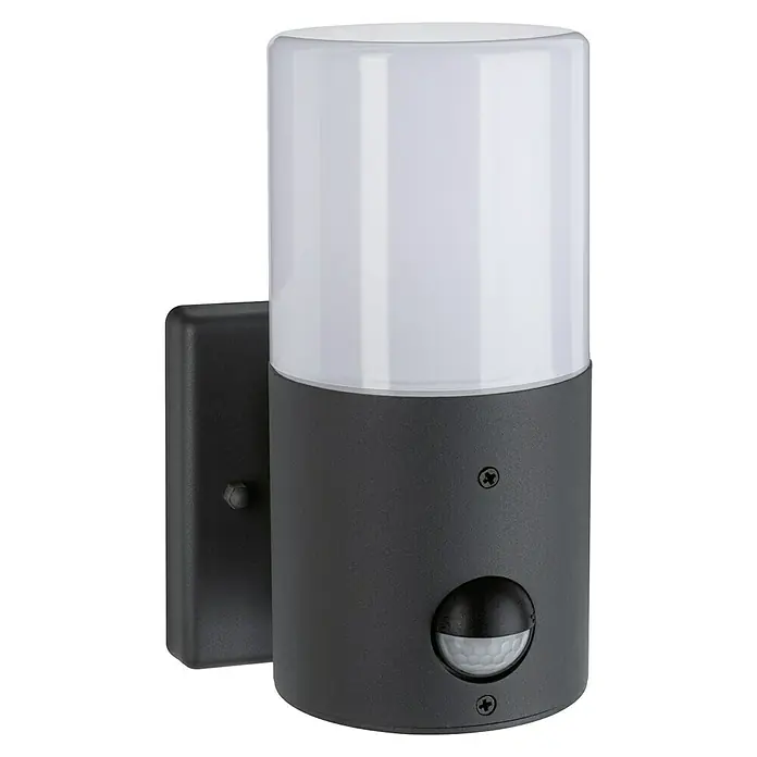 Paulmann Außenwandleuchte Tubs - 15 W, Grau matt, Bewegungsmelder, E27, IP44, Mit Bewegungsmelder - Eine moderne, zylindrische Wandleuchte mit Bewegungsmelder in Schwarz und Weiß, die eine stilvolle Beleuchtungslösung bietet.