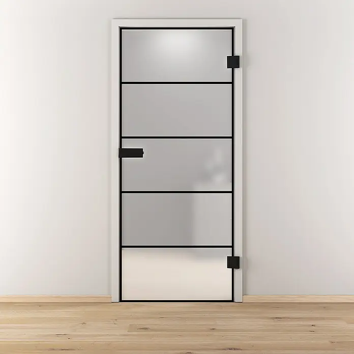 Diamond Doors Black Edition Glasdrehtür Lines - 834 x 1.972 mm, DIN Rechts, Milchglas - Eine moderne, matte Glastür mit schwarzen Akzenten und Beschlägen, die sich perfekt in ein minimalistisches Raumdesign einfügt.