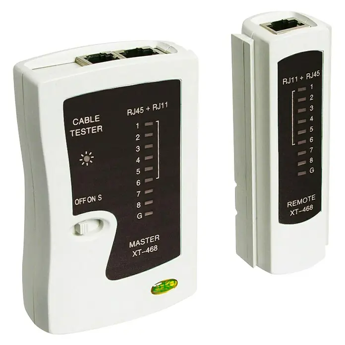 Goobay Kabeltester Netzwerk - Passend für: CAT5 / CAT6 Kabel (RJ45) & ISDN Kabel (RJ11) - Netzwerk-Kabeltester zur Überprüfung von RJ45- und RJ11-Kabelverbindungen, mit Master- und Remote-Einheit für umfassende Tests.