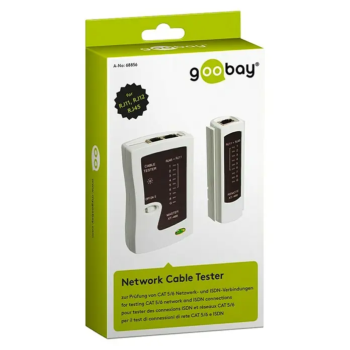 Goobay Kabeltester Netzwerk - Passend für: CAT5 / CAT6 Kabel (RJ45) & ISDN Kabel (RJ11) - Goobay Netzwerkkabeltester für RJ11, RJ12 und RJ45 Kabel. Ideal zum Testen von CAT 5/6 Netzwerk- und ISDN-Verbindungen.