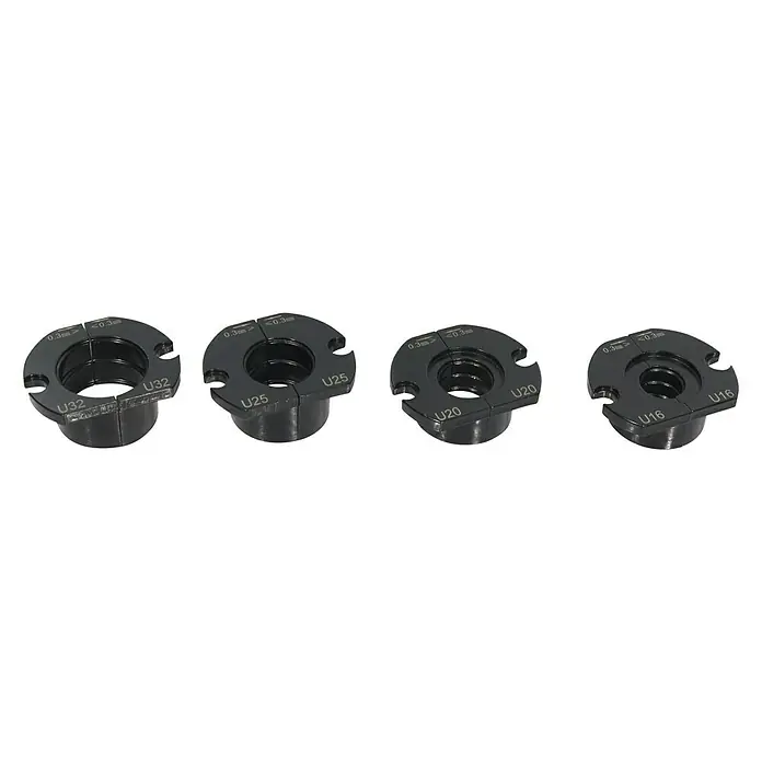 Isoltubex Mordaza de prensado - Específico para: Máquina de prensado manual MMCF, 4 pzs. - Primer plano de cuatro adaptadores negros en forma de U etiquetados como U32, U25, U20 y U16, colocados sobre una superficie negra.