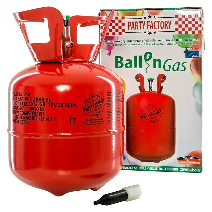 Party Factory Ballongas Helium inkl. 20 Ballons und 100 m Ballonschnur - 0,14 m³, Passend für: 20 Ballons - Produktfoto: Rote Heliumflasche von Party Factory mit Zubehör und Kartonverpackung für Ballondekorationen und Partys.