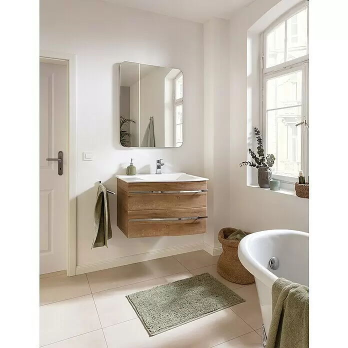 Camargue Lineo LED-Lichtspiegel - 70 x 85 cm - Moderner schwebender Waschtisch aus Holz mit weißem Waschbecken und Spiegelschrank im hellen Bad.