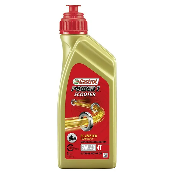 Castrol Power 1 Scooter Motoröl - 5W-40, 1.000 ml - Abbildung einer 1-Liter-Flasche Castrol Power 1 Scooter 5W-40 4T Motoröl, das für überlegene Beschleunigung in Rollern entwickelt wurde.