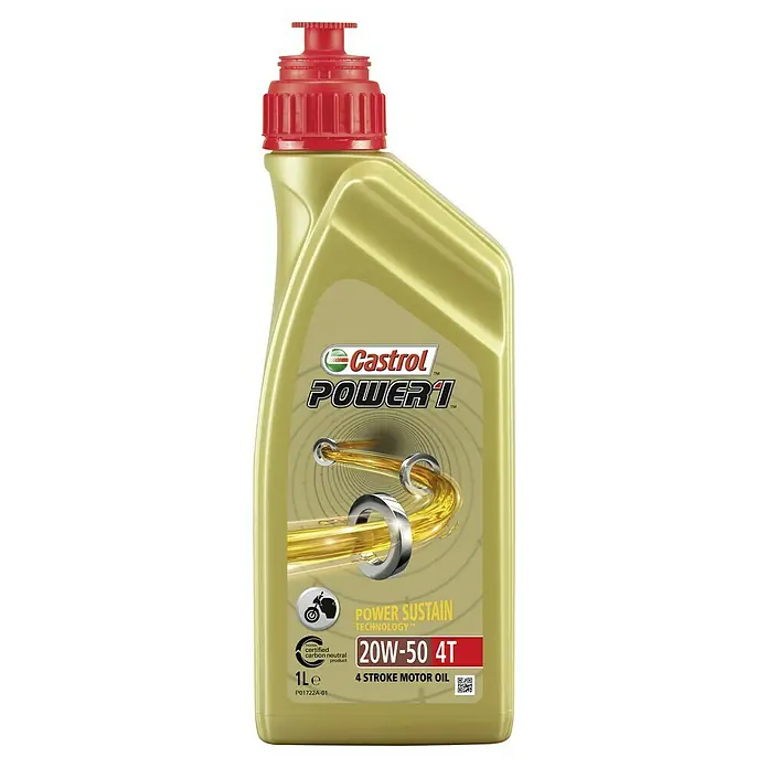 Castrol Power 1 Motoröl 4T - 20W-50, 1.000 ml - Castrol POWER1 20W-50 4T Motoröl in einer hellgelben Flasche mit rotem Verschluss. Ideal für Motorräder, die beste Leistung verlangen.