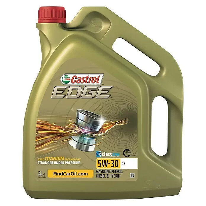 Castrol Edge Aceite para motor - 5W-30, C3, 5 l - Envase de aceite de motor Castrol Edge 5L verde oliva con tapón rojo, 5W-30 C3 para motores de gasolina, diésel e híbridos.