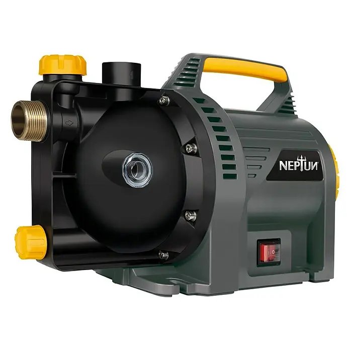 Neptun Gartenpumpe NGP-E 105 - 1.050 W, Max. Fördermenge: 4.500 l/h - Eine graue Gartenpumpe mit gelben Akzenten und einem Tragegriff für den einfachen Transport und die Gartenarbeit.