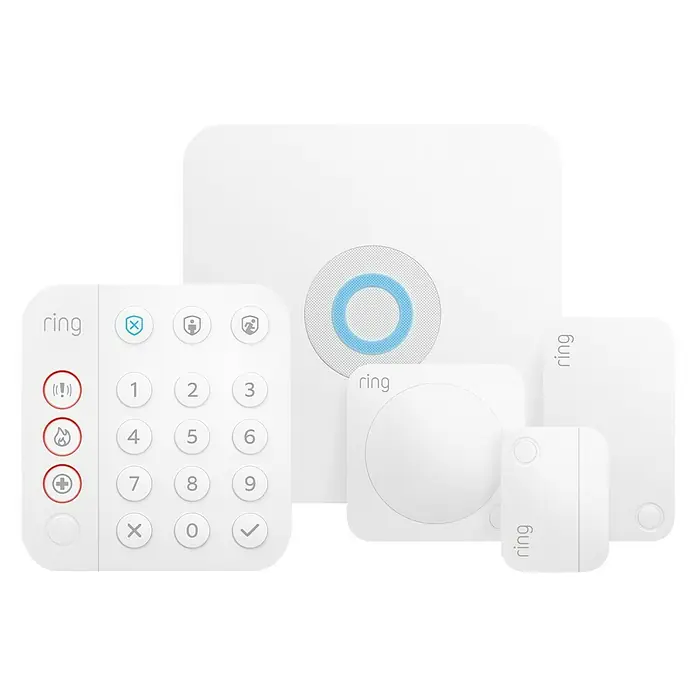 Ring Alarm Paquete de inicio de seguridad 5 piezas (2.ª gen.) - Control inteligente: App Ring - Primer plano de un sistema de alarma Ring con teclado, estación base, sensor de contacto y detector de movimiento para seguridad.