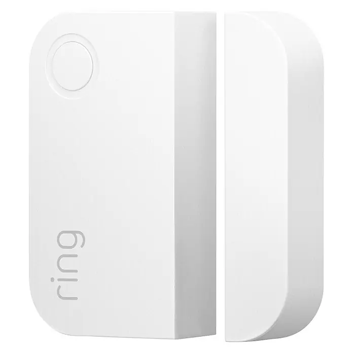 Ring Alarm Sicherheit Starter-Paket 5-teilig 2. Gen. - Smarte Steuerung: Ring App - Nahaufnahme eines weißen Ring-Alarm-Kontaktsensors, der für die Sicherheit von Türen und Fenstern entwickelt wurde.
