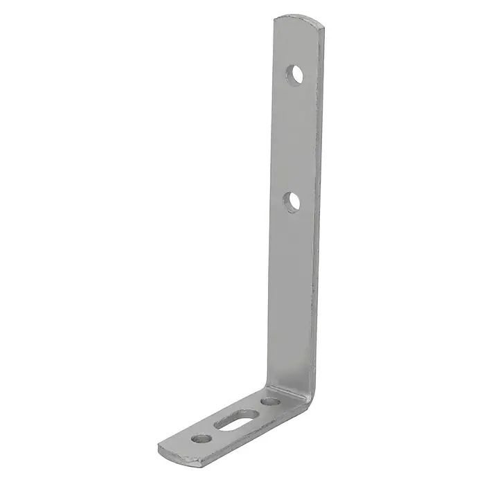 Suki Escuadra de silla 90 - L x An x Al: 120 x 55 x 17 mm, Acero - Un soporte en L plateado con una parte superior redondeada y múltiples orificios de montaje, para conexiones en ángulo recto seguras.