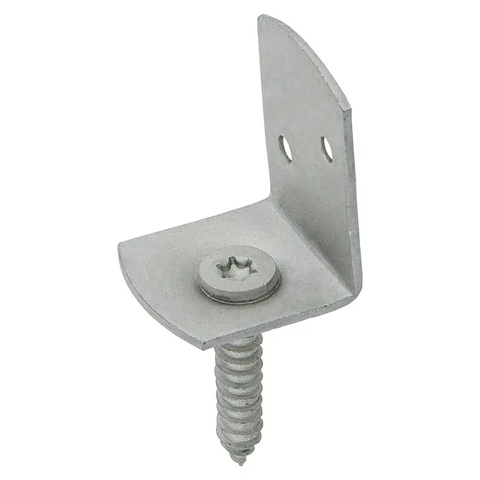Suki Escuadra de silla - L x An x Al: 40 x 75 x 30 mm, Acero - Esta imagen muestra un soporte angular metálico con un tornillo, que garantiza estabilidad y una fijación segura. Ideal para muebles y construcción.