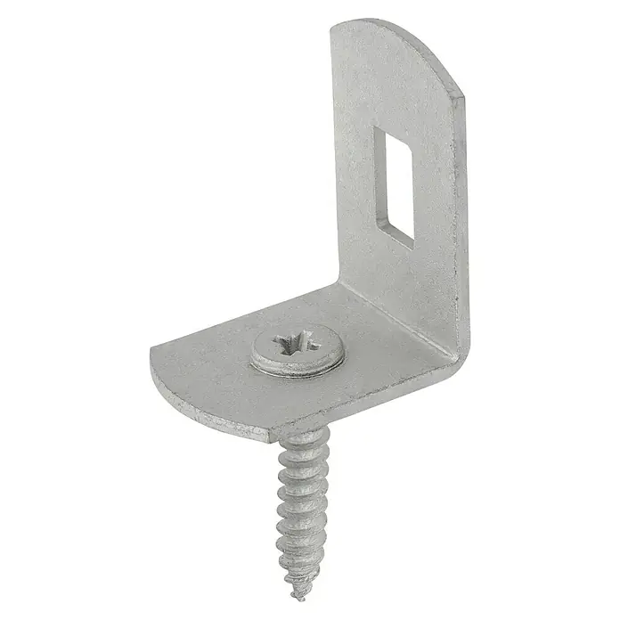 Suki Escuadra de silla - L x An x Al: 40 x 45 x 30 mm, Acero - Primer plano de un soporte angular plateado con tornillo, diseñado para proporcionar un soporte robusto en diversas aplicaciones.
