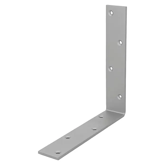 Suki Escuadra de silla 90 - L x An x Al: 200 x 200 x 40 mm, Acero - La imagen muestra un soporte de ángulo de metal plateado con múltiples agujeros, utilizado para fijar elementos de construcción.